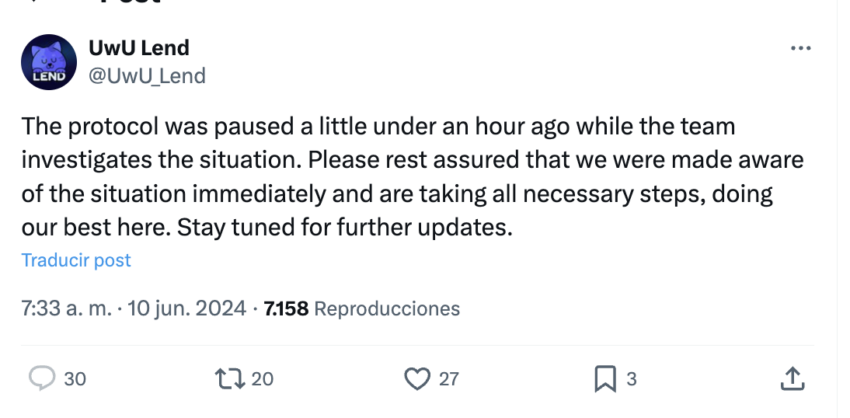 UwU Lend admitió suspensión del protocolo. 